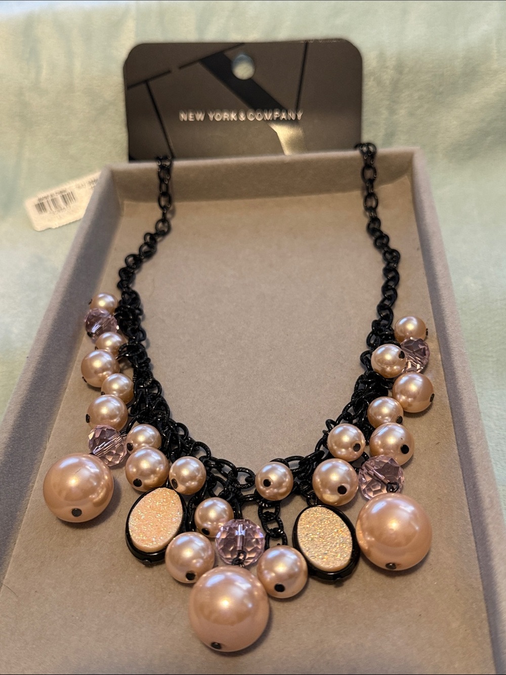 New York & Company Blush Pearl and Black Chain Necklace with Lilac Accents